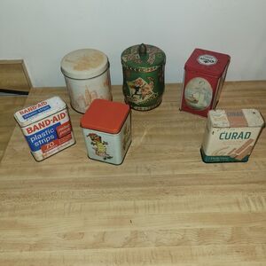 Lot Of Vintage Tin Cans Include Curad, Band-aid, Suzys Zoo,Murray Allen, Whitman